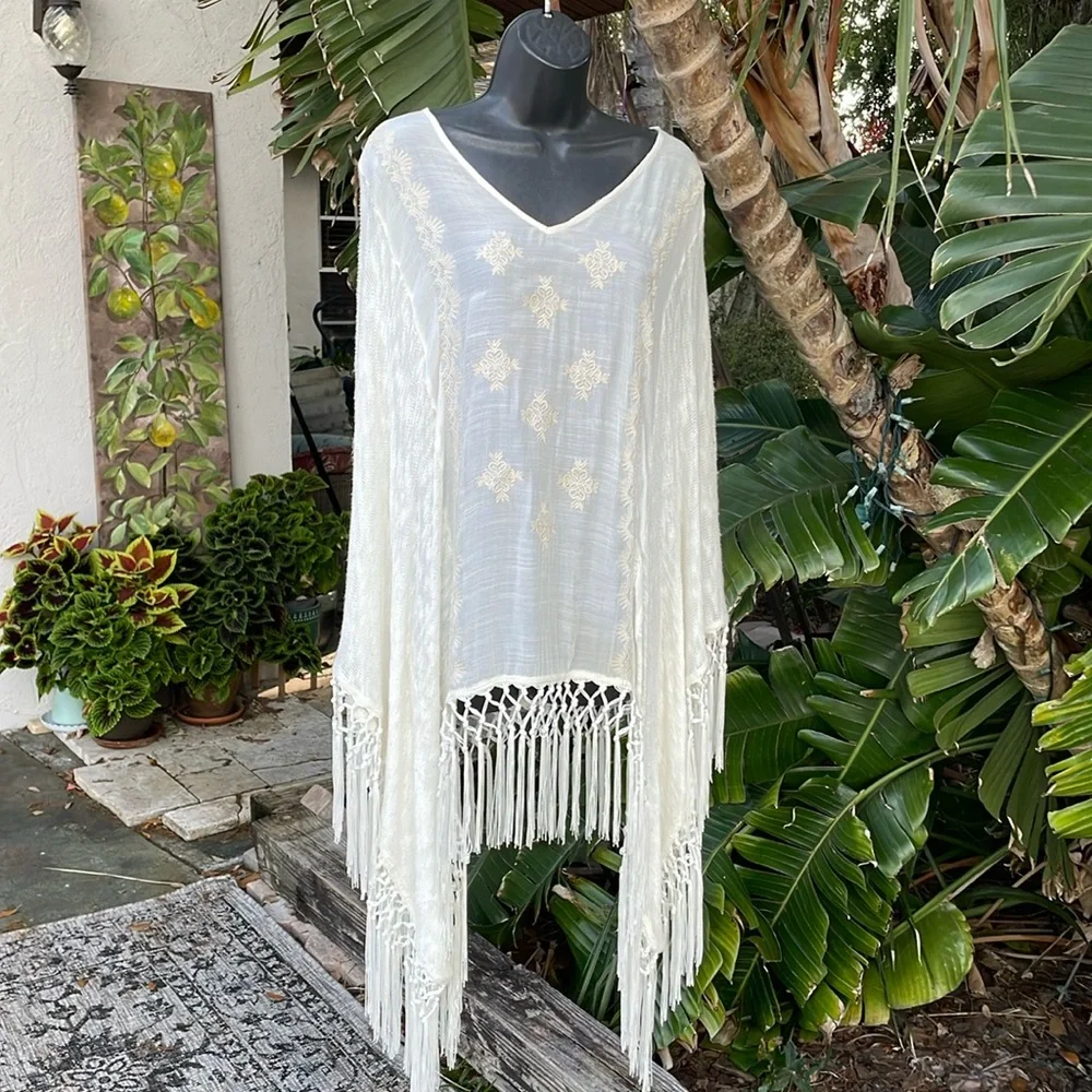 Patchwork embroidered and net silky fringed poncho
